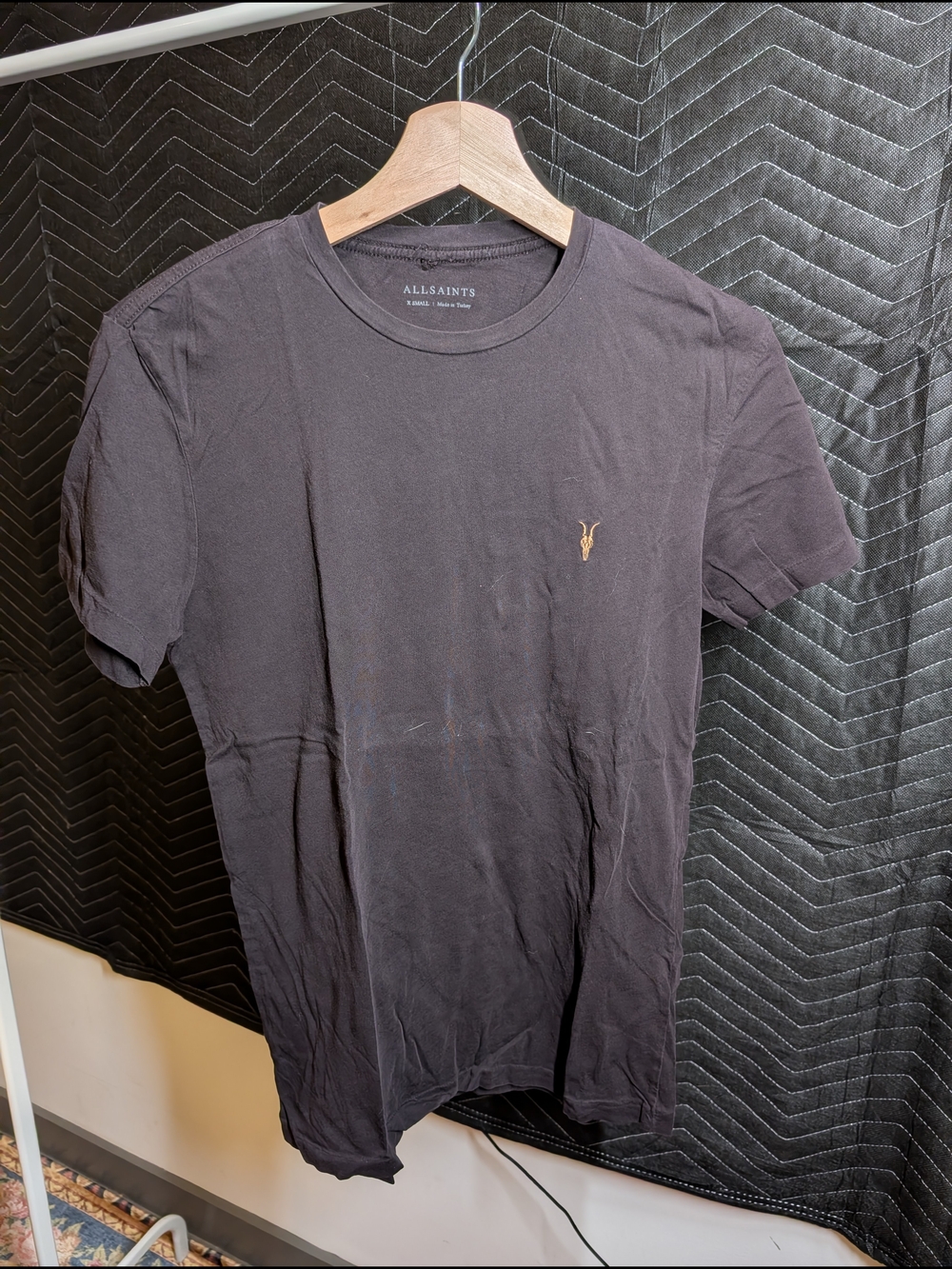 AllSaints Men’s Brown Crew Tee with Small Gold Logo DAMAGE